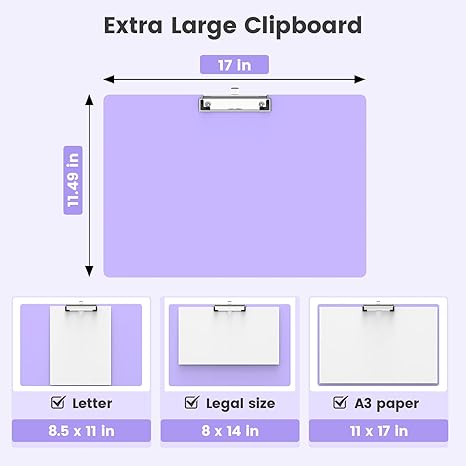 Extra Large Plastic Clipboard – 17×11.49 Inches – Fits A3, Legal & Letter Size – Durable Writing Board with Strong Metal Clip