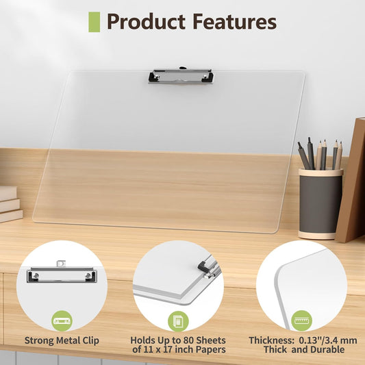 Extra-Thick Clear Acrylic Art Clipboard – A3 Size Portable Sketch Board with Hanging Hole & Metal Clip