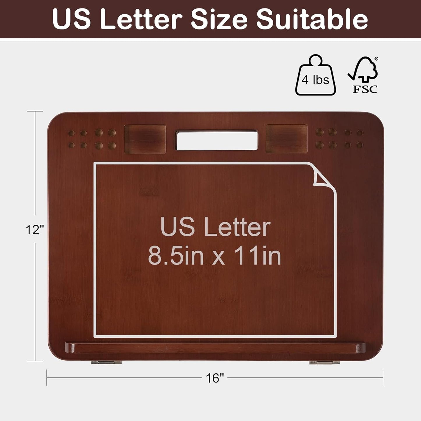 Wooden Drawing Writing Board – Portable Flat Surface for US Letter or A4 Paper with Handle & Bottom Edge Support